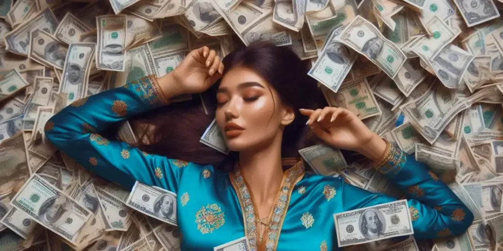 a girl in the money from winning at the casino