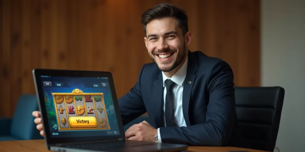 a man sitting happily in a suit at a table